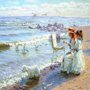 AVERIN Alexander Nicolajevich 1952,Two young female artists on the beach,Bruun Rasmussen 2014-09-29