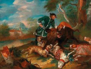 AXTMANN Leopold 1700-1748,A hunter with hounds attacking a wild boar,Palais Dorotheum AT 2019-12-18