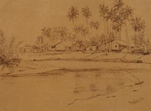 AZHAR IDRIS Raja 1952,Am Fluss Hütten unter Palmen an einer Flussbiegung,Mehlis DE 2020-08-27