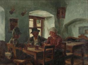 BÖCHER August,Interior from an inn with three persons sitting at,Bruun Rasmussen 2023-10-23