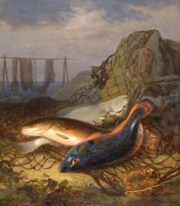 BÖE FRANZ DIDRIK,Deux saumons dans un filet,1865,Artcurial | Briest - Poulain - F. Tajan 2012-06-09