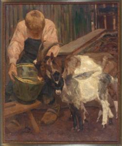 BÖHM Viktor 1880-1954,Hirtenjunge beim Tränken einer Ziege mit Zicklein,1910,Allgauer DE 2008-07-11