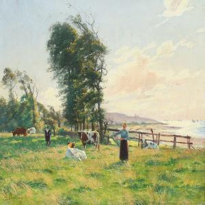 BØLLING Sigrid,A milk maid and cows in a field by the coast,1890,Bruun Rasmussen 2016-09-19