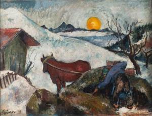 BÜGER Adolf,FARMER WITH CATTLE IN A SNOWY LANDSCAPE,1947,Hargesheimer Kunstauktionen 2019-06-14