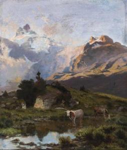 BÜHLER Edouard 1853-1912,Schweizer Gebirgsmassiv, im Vordergrund Kühe an de,Zeller DE 2019-09-11