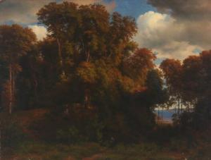 BÜNSOW Joachim Ludwig 1821-1910,Forest scenery with view towards the sea and h,1852,Bruun Rasmussen 2019-08-19