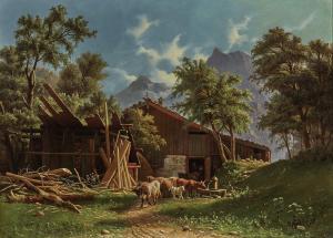 BAADE Knud Andreassen,Cows in front of the stable in mountain landscape,1848,Neumeister 2020-12-02