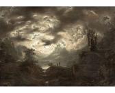 BAADE Knud Andreassen 1808-1879,Romantic Landscape in Moonlight,Stahl DE 2016-04-23