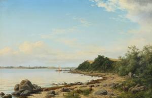 BAAGOE Carl Erik 1829-1902,Kystparti med sejlbåd og drivende skyer,1872,Bruun Rasmussen 2017-01-30