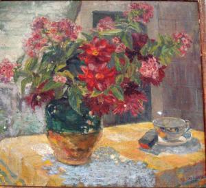 BACCOU Yves 1900-1900,Bouquet de dalhias et tasse à thé sur une table,Millon & Associés 2010-02-09
