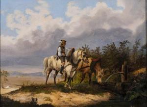 BACH Alois 1809-1893,Reiter führt zwei Pferde an die Tränke in sommerli,1849,Zeller DE 2020-04-07