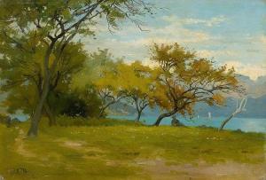 BACHELIN Auguste 1830-1890,Landscape at Lake Thun,Galerie Koller CH 2015-06-25