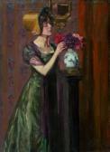 BACHEM Gottfried 1866-1942,Junge Frau im Interieur mit einem Blumenstrauß,Van Ham DE 2008-02-13