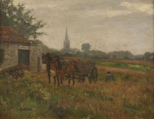BACHEM Gottfried,Meadow landscape with horses and a carriage,Hargesheimer Kunstauktionen 2022-09-07