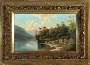BACHER Rudolf 1862-1945,Romantische Flusslandschaft mit Burg und Angler,Allgauer DE 2018-04-19