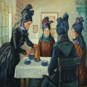 BACHMANN Gustav,Fanoe interior with four women by the coffee table,Bruun Rasmussen 2013-06-10