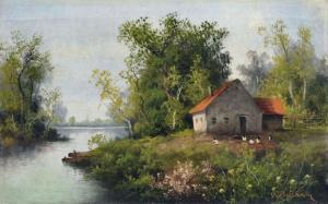 BACHMANN Minna 1860-1887,Gehoeft am Fluss,1880,Schmidt Kunstauktionen Dresden DE 2017-12-09