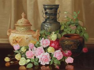 BACON Irving Lewis 1853-1910,Tabletop still life with roses, several vases to i,Burchard 2015-06-28