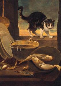 BACON Nathaniel 1585-1627,A CAT ON A WINDOW SILL, WITH FISH AND POTS AND PAN,Christie's 1998-07-30