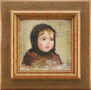 BAGGE Eva 1871-1964,Porträtt föreställande barn i svart huvudbonad,1892,Uppsala Auction 2022-01-18
