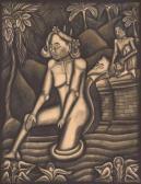 BAGUS NYOMAN TANTRA IDA 1913-1987,Woman Bathing Whilst a Man Looks On,Borobudur ID 2011-10-22