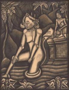 BAGUS NYOMAN TANTRA IDA 1913-1987,Woman Bathing Whilst a Man Looks On,Borobudur ID 2011-10-22