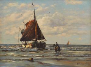 BAHNER Hermann 1867-1938,A beach scene with a fishing boat unloading the ca,1923,Sworders 2023-09-26