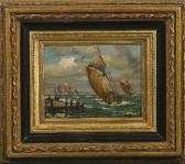 BAHR E 1800-1900,Gekentertes Segelboot vor dem Steg,Historia Auctionata DE 2007-02-24