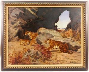 BAILEY HILDA E 1800-1900,CROUCHING TIGER OBSERVING A MOTHER AND HER CUBS,Grogan & Co. US 2009-04-19