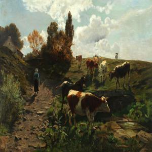 BAISCH Hermann 1846-1894,Cattle watering,1883,Bruun Rasmussen DK 2013-10-21