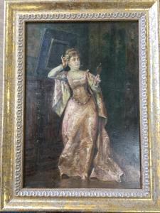 BAKALOWICZ 1800-1800,interior scene with lady in dress adjusting her po,Jim Railton GB 2019-10-12
