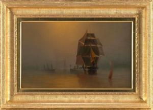 BAKER Elisha Taylor 1831-1890,View of New London Harbor in the Fog,Eldred's US 2022-08-05