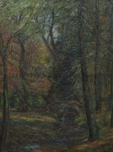 BAKER Elizabeth Gowdy 1860-1927,Forest Landscape with Bridge, Stream, and Swan,Hindman US 2010-03-28