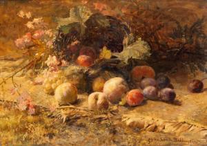 BAKHUIJZEN VAN DE SANDE Geraldine Jacoba 1826-1895,Peaches, grapes and prunes in a wicke,Venduehuis 2023-11-14