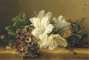 BAKHUIJZEN VAN DE SANDE Geraldine Jacoba 1826-1895,Rhodondendrons and primulas on a ledg,Christie's 2003-04-29