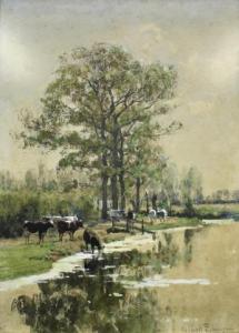 BAKHUIJZEN VAN DE SANDE Julius Jacobus 1835-1925,Rivierlandschap met koeien aan het wate,Venduehuis 2022-02-22