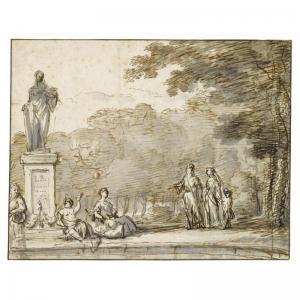 BAKHUYSEN Ludolf 1631-1708,FIGURES IN AN ORNAMENTAL PARK, BY A STATUE,Sotheby's GB 2009-07-08