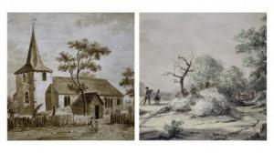 BAKKER Job Augustus,De boeren met hun vogelverschrikker; Kerk in het d,1847,Venduehuis 2021-07-04