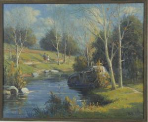 BALATTE J,two girls walking on a path by a stream,20th century,Eldred's US 2011-01-29