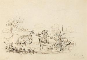 BALCOMBE THOMAS,Sketch of a Man, Horse, Dog and Kangaroo in Water,1853,Menzies Art Brands 2019-03-28