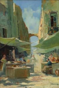 BALDASAR T,A street scene lined with market stalls,Bellmans Fine Art Auctioneers 2018-06-27