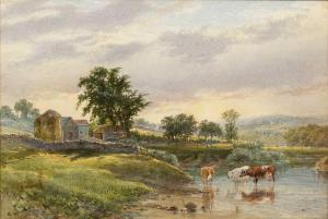 BALDOCK Charles Edwin M,Landscape with cattle watering in a river and farm,Mallams 2023-10-18