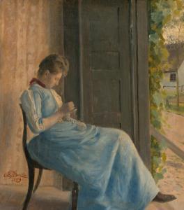 BALLE Otto Petersen,Junge Frau mit einer Näharbeit an der geöffneten H,Galerie Bassenge 2022-06-02