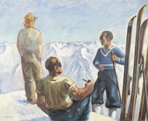 BALMER Heinz 1903-1964,Sonnige Partie mit rastenden Skifahrern.,Dobiaschofsky CH 2009-11-11