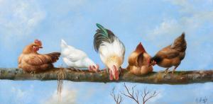 BALS Hilaire 1940,Coq et poules sur une branche,Horta BE 2024-04-22