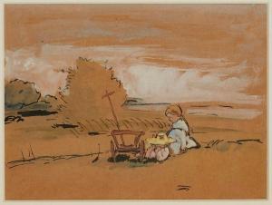 BALZER Ferdinand 1872-1916,Zwei Mädchen auf einer Wiese bei einem Handkarren ,Dobritz DE 2021-04-24