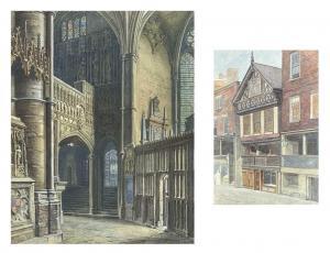 BAMFORD Alfred Bennett 1880-1930,Church Interior and Tudor shop exteriir,David Lay GB 2024-01-07