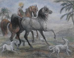 BAMMER Benita 1938-1995,horses rider and dogs in landscape,1984,Burstow and Hewett GB 2024-02-29