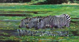 BAMRAH Dharbinder Singh 1956-2007,Zebra Drinking at a Waterhole,Bonhams GB 2017-05-23