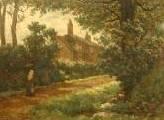 BANCROFT Elias Mollineaux,wooded lane with cottage and woman,1879,Rogers Jones & Co 2009-04-25
